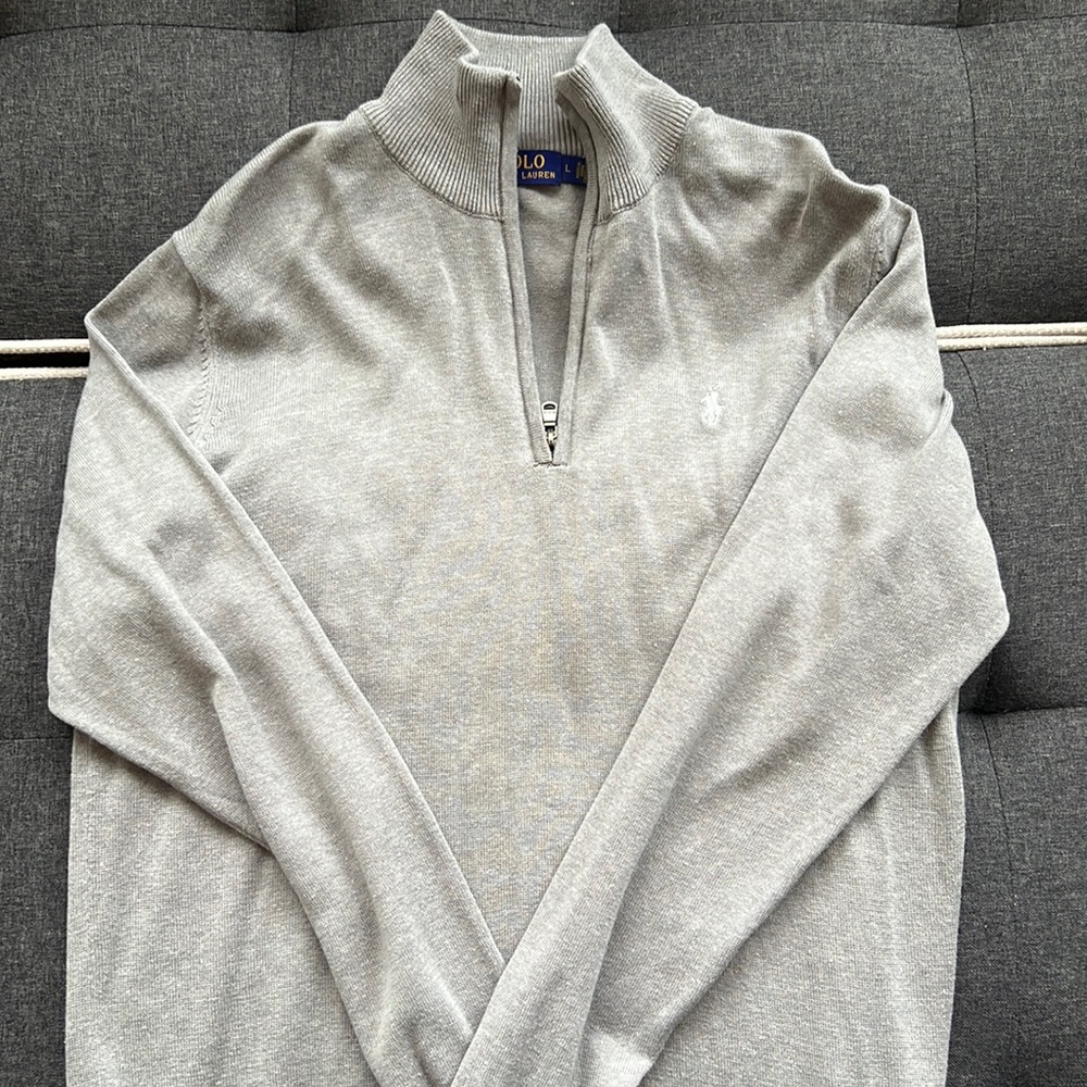Quarter Zip (Mock neck) Grey Sweater by Polo Ralph Lauren. Size L.
